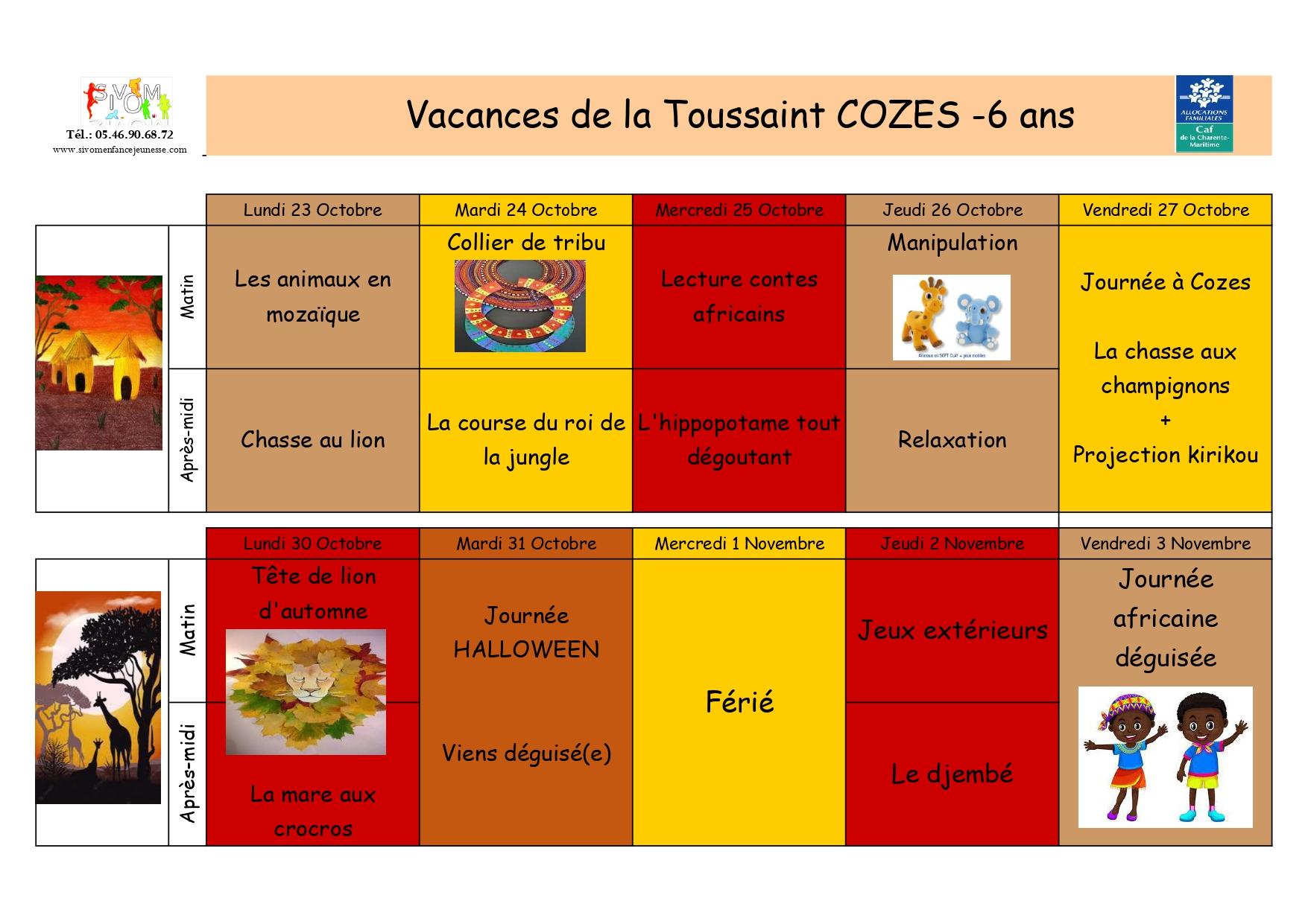 Programme cozes vacances de la toussaint 6 ans