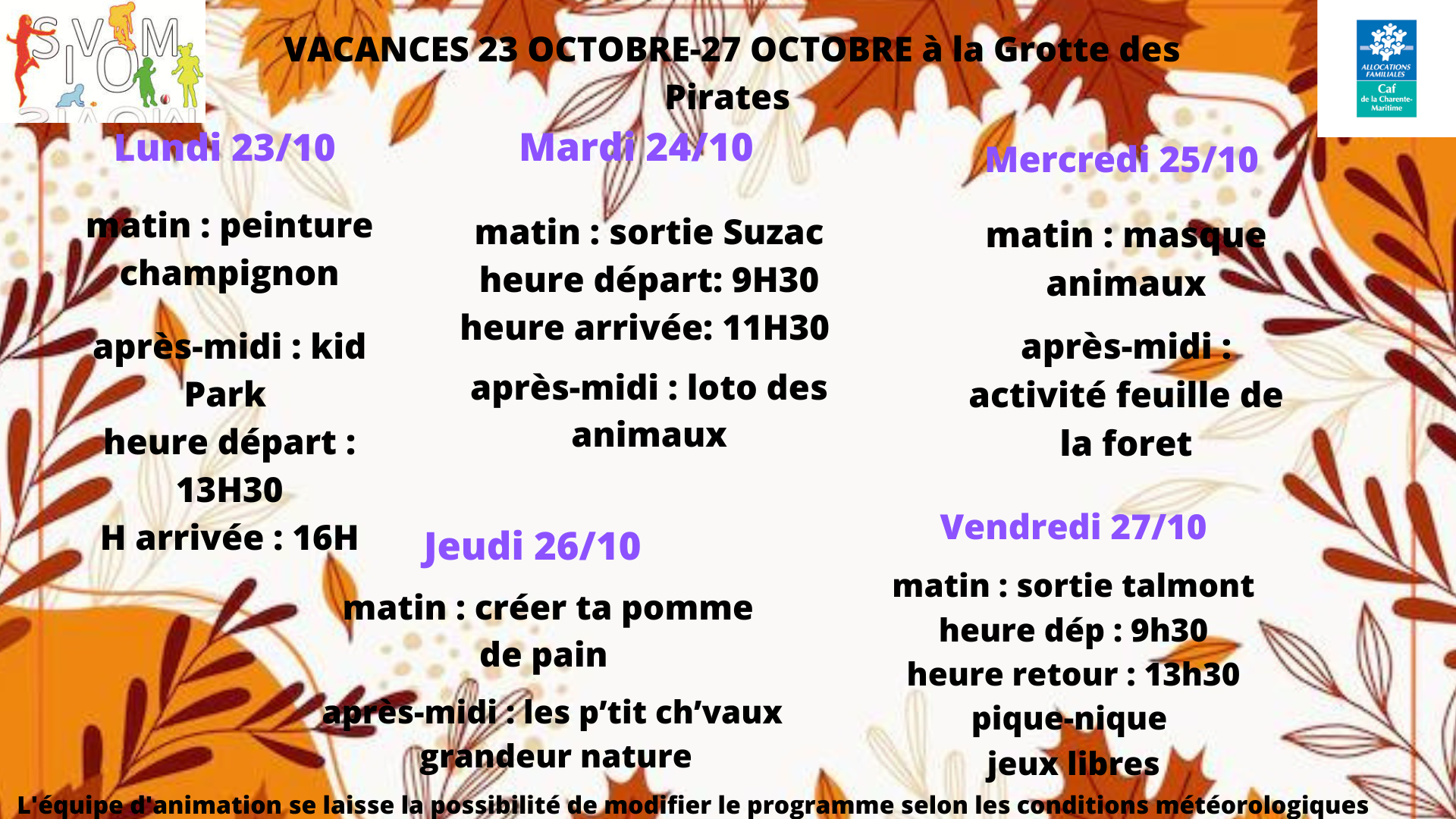 Programme meschers vacances de la toussaint du 23 au 27 octobre 2023