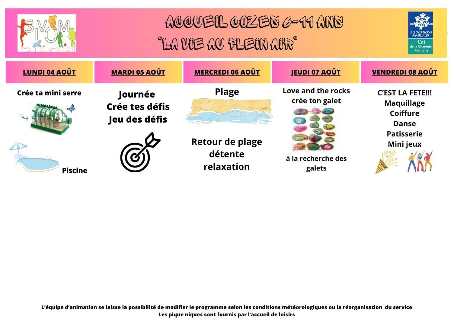 Programme cozes + 6 ans du 04 au 08 aout