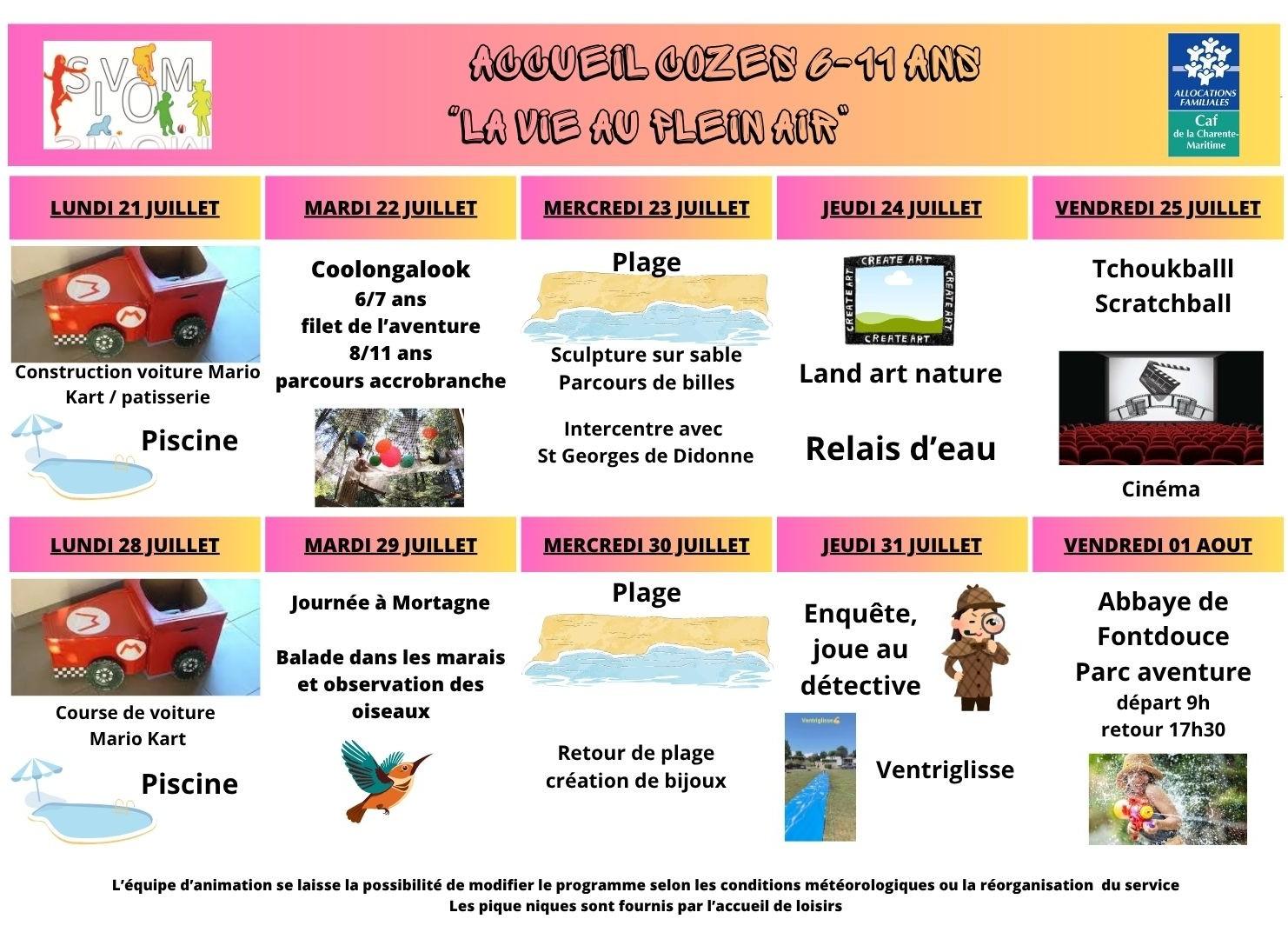 Programme cozes + 6 ans du 21 juillet au 01 aout