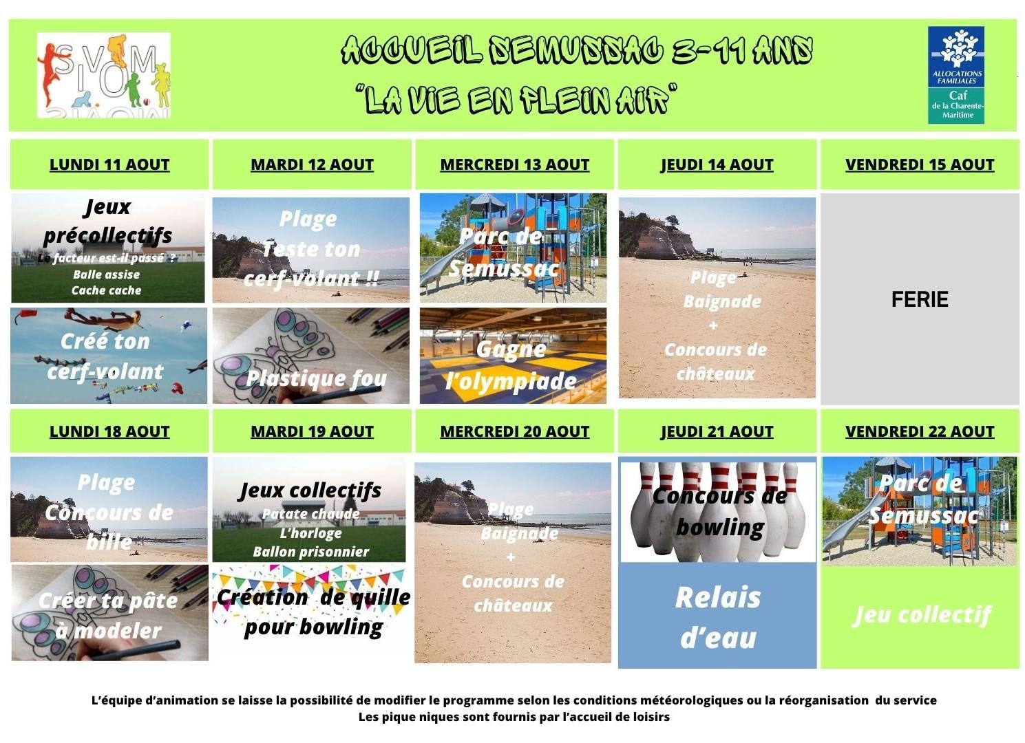 Programme semussac 3 à 11 ans du 11 au 22 aout