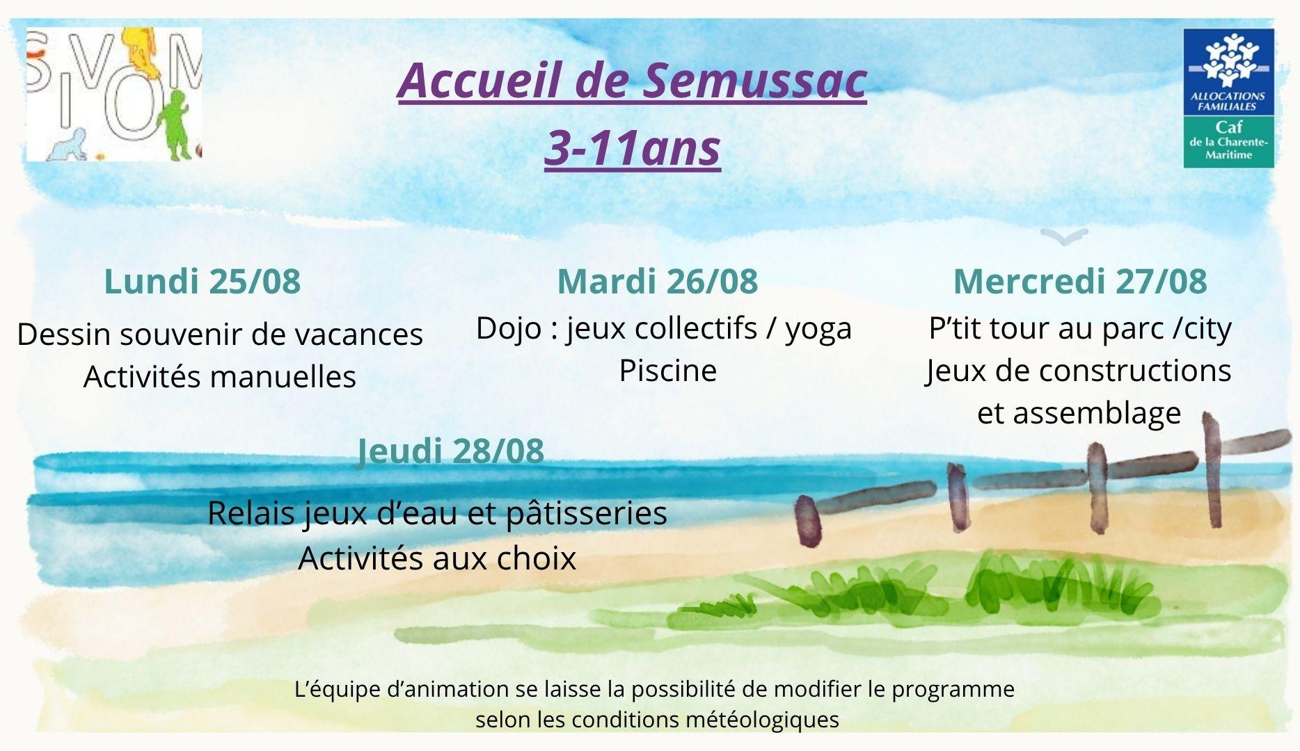 Programme semussac 3 à 11 ans du 25 au 28 aout