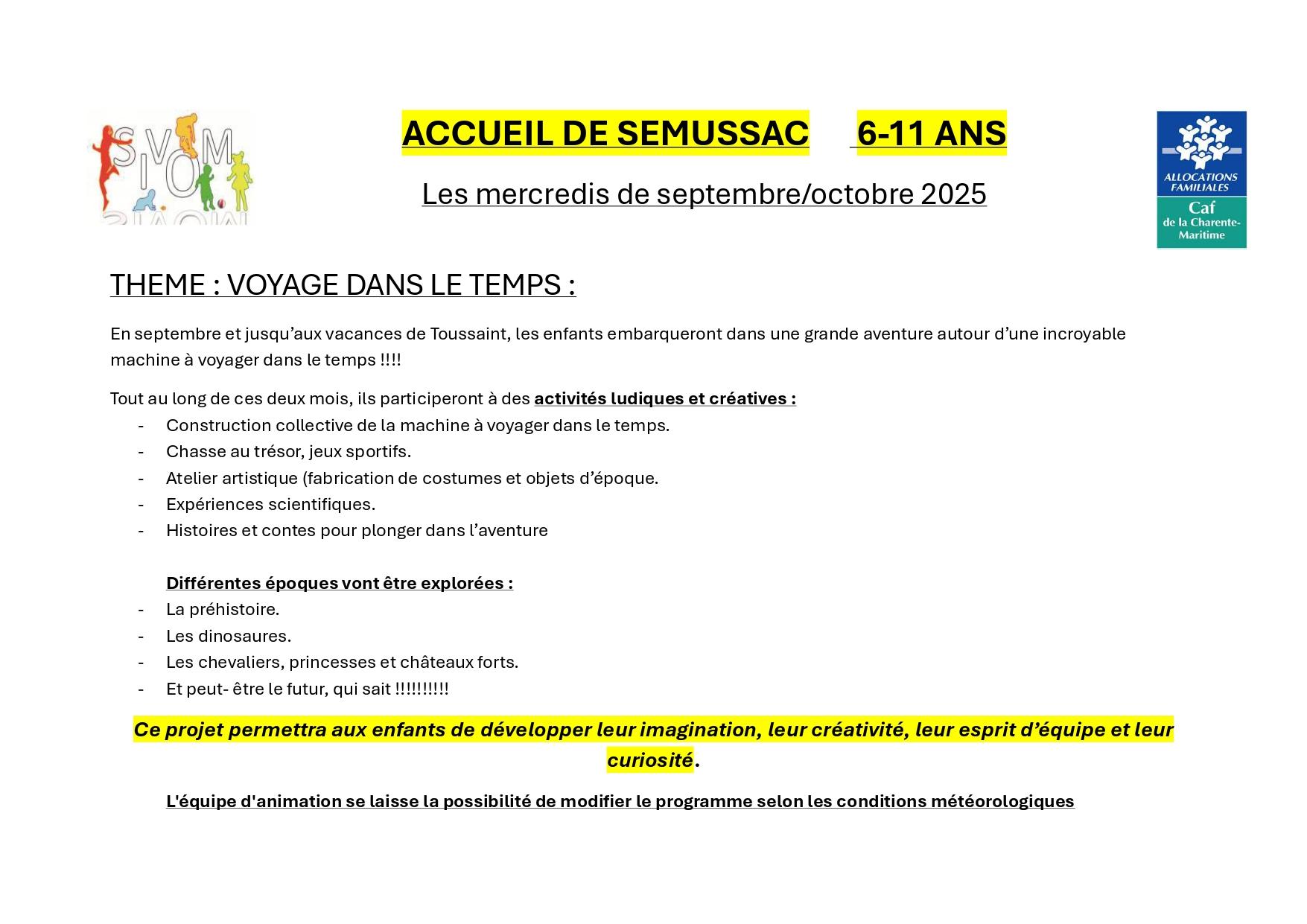 Programme Semussac 6-11 ans mercredis septembre octobre 2025