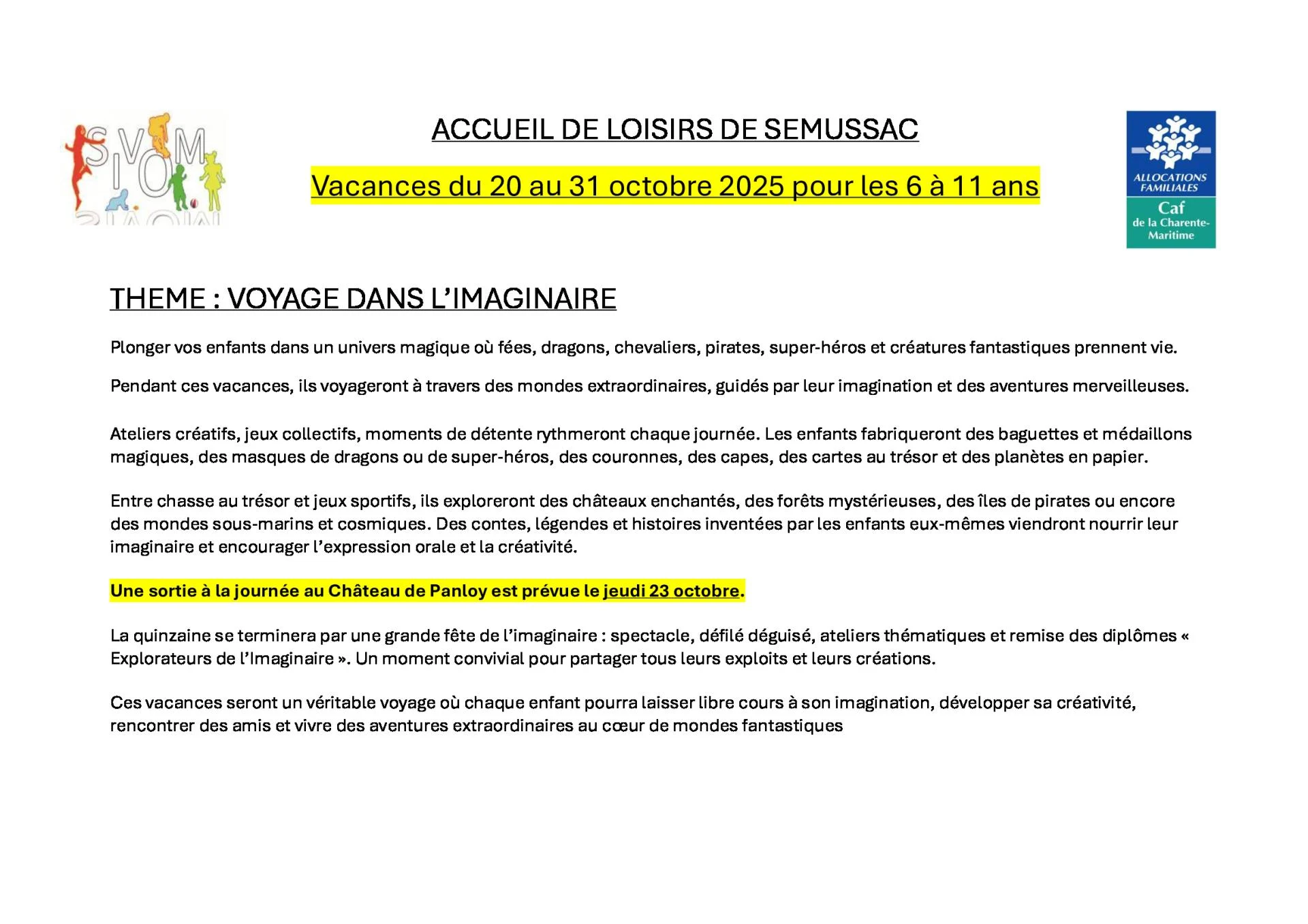 Programme semussac 6-11 ans vacances d octobre