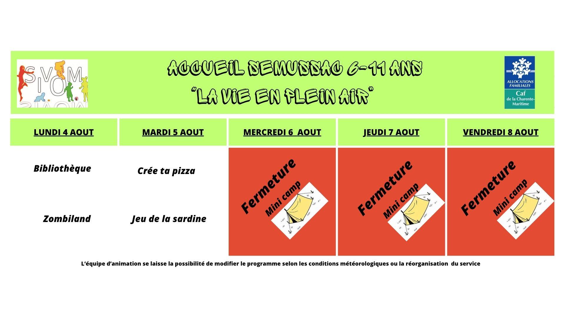 Programme semussac + 6 ans du 04 au 08 aout