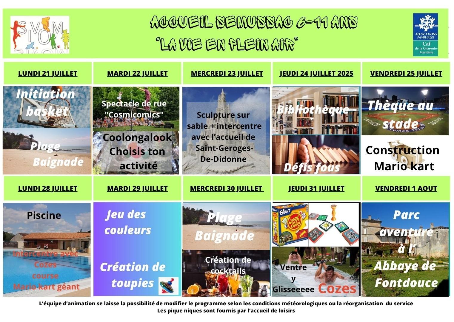 Programme semussac + 6 ans du 21 juillet au 01 aout